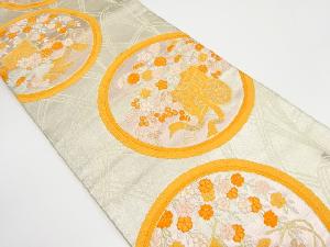 アンティーク　丸に御所車・几帳・草花模様織り出し袋帯（材料）